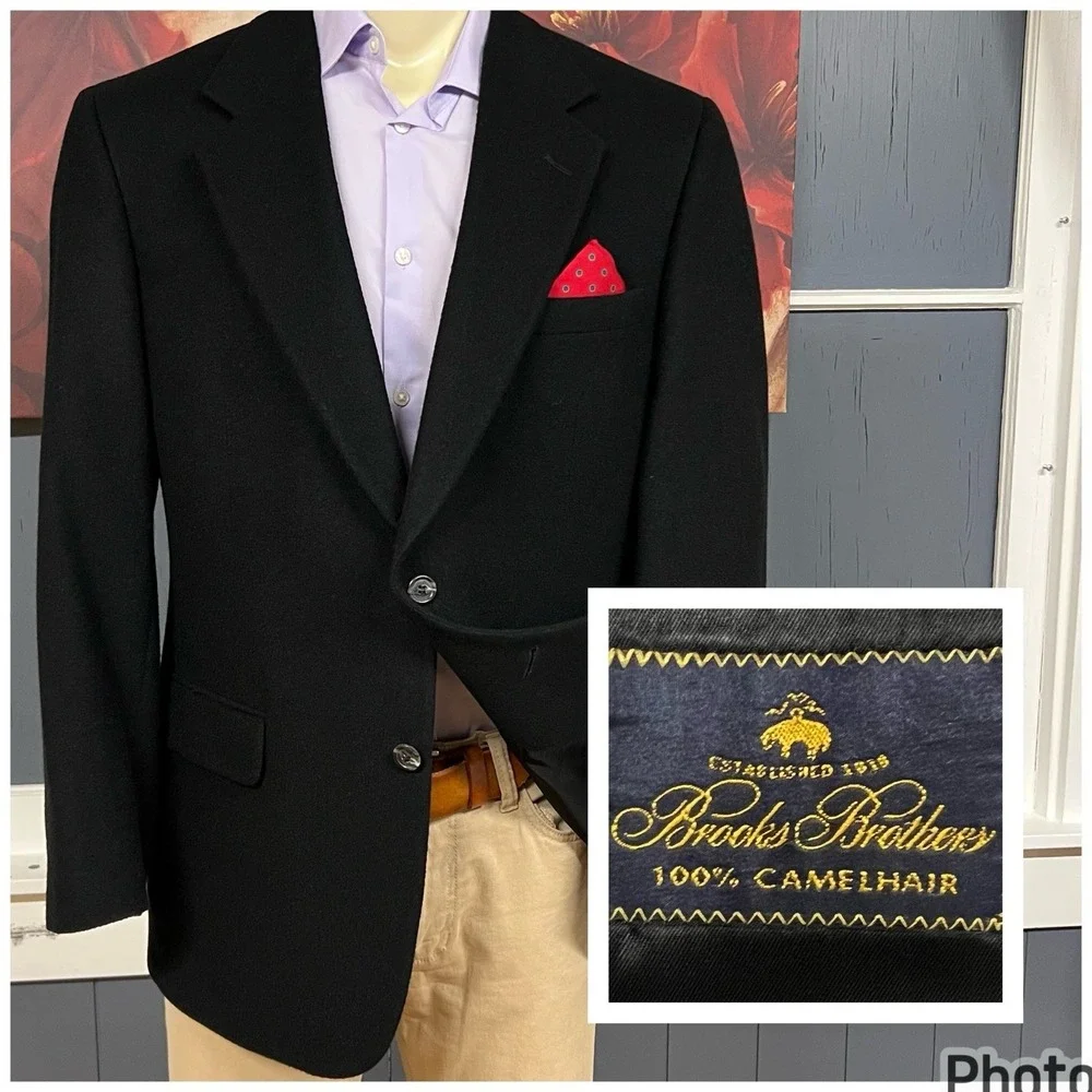 Vintage Brooks Brothers Camel Hair Blazer Jacket Sport Coat Mens 42R Black